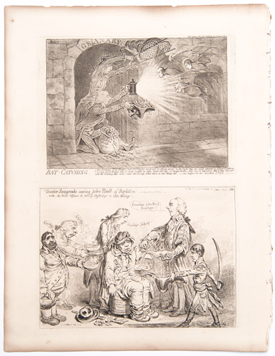 original James Gillray etchingsBat-Catching
Doctor Sangrado Curing John Bull of Repletion